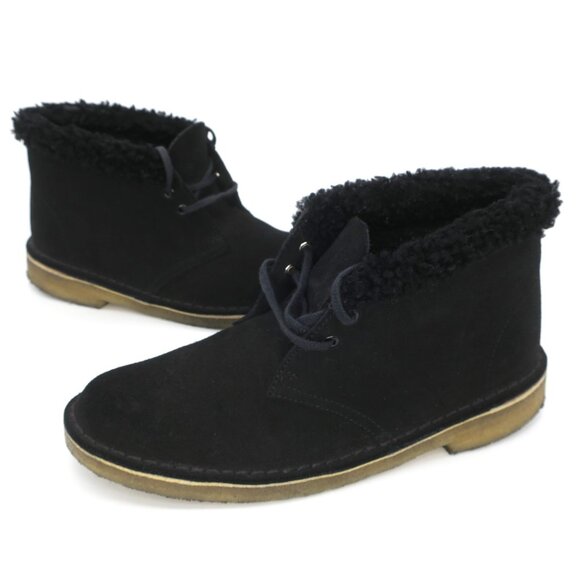 Clarks Desert Boots Wool Lined Fuzzy Black Suede Ankle Chukka Lace-up Womens 8.5 - Picture 1 of 5